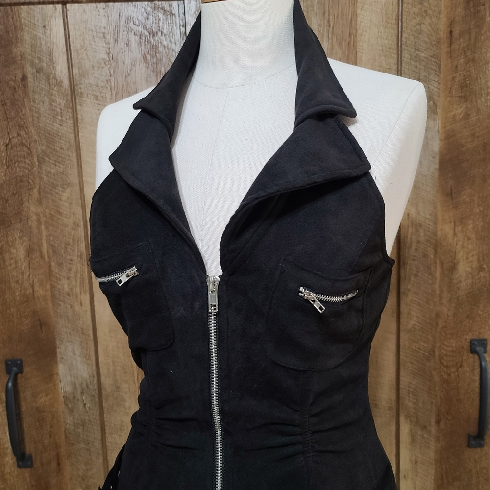 *SOLD* Black Sexy Halter Top Velvet Feel Stretchy Full Zip - Picture 5 of 8